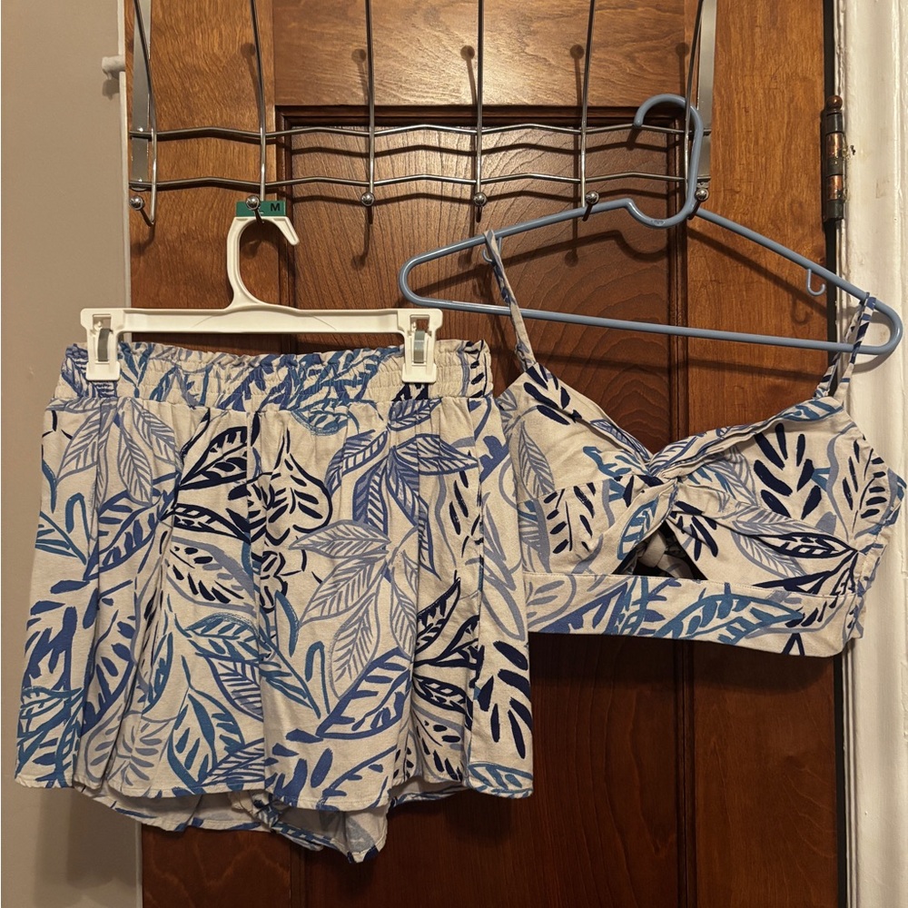 Lulu's Blue Leaf Print Crop Top & Matching Shorts Set